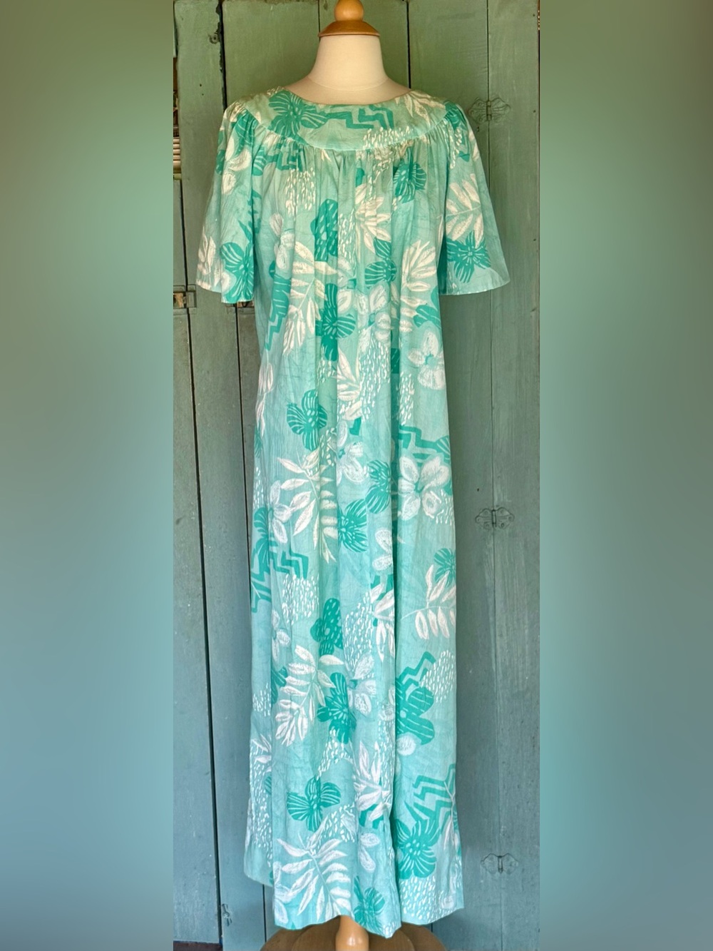 VTG 60's BARK CLOTH HAWAIIAN MUMU Maxi Muumuu Kaftan Teal SeaGreen Bespoke S/M++